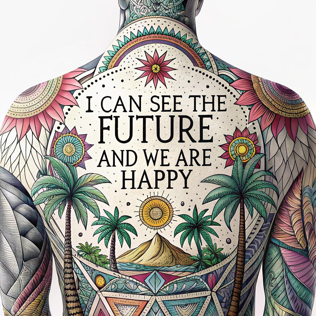 a unique and colorful tattoo taking up the entire back in text that says I CAN SEE THE FUTURE AND WE ARE HAPPY with tropical vibes like palm trees but the text takes up the entire back top to bottom