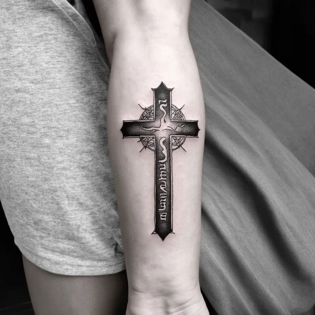 simple cross on inside of bicep with Jeremiah carved in it