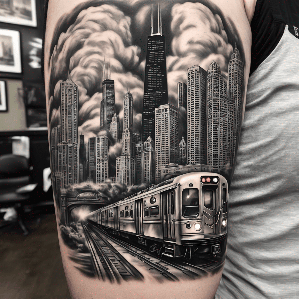 Disegno di tatuaggio Chicago El train and several of the Chicago iconic buildings generato con IA