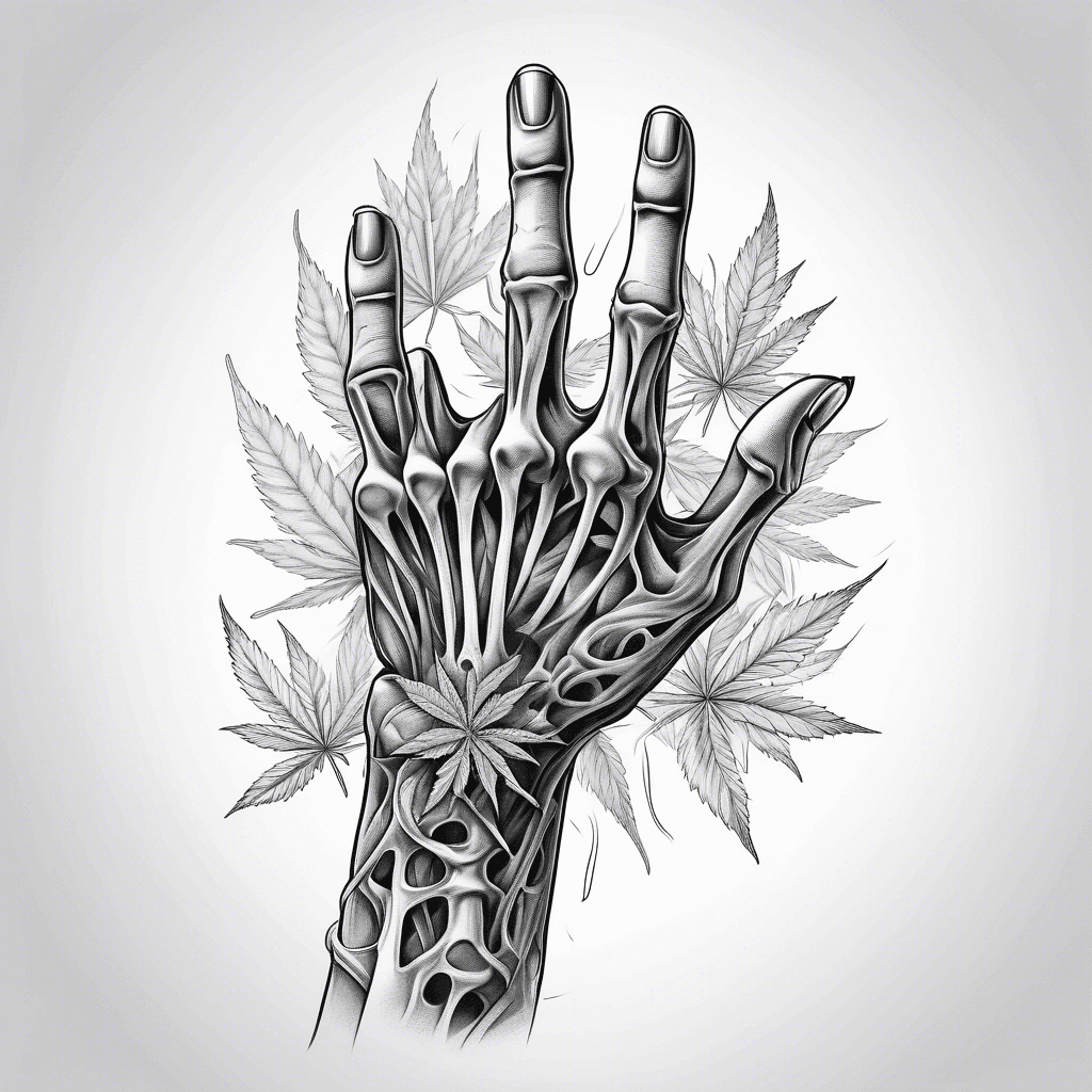 A skeleton hand wrapped in cannabis leaves holding a joint… tattoo design generated with AI