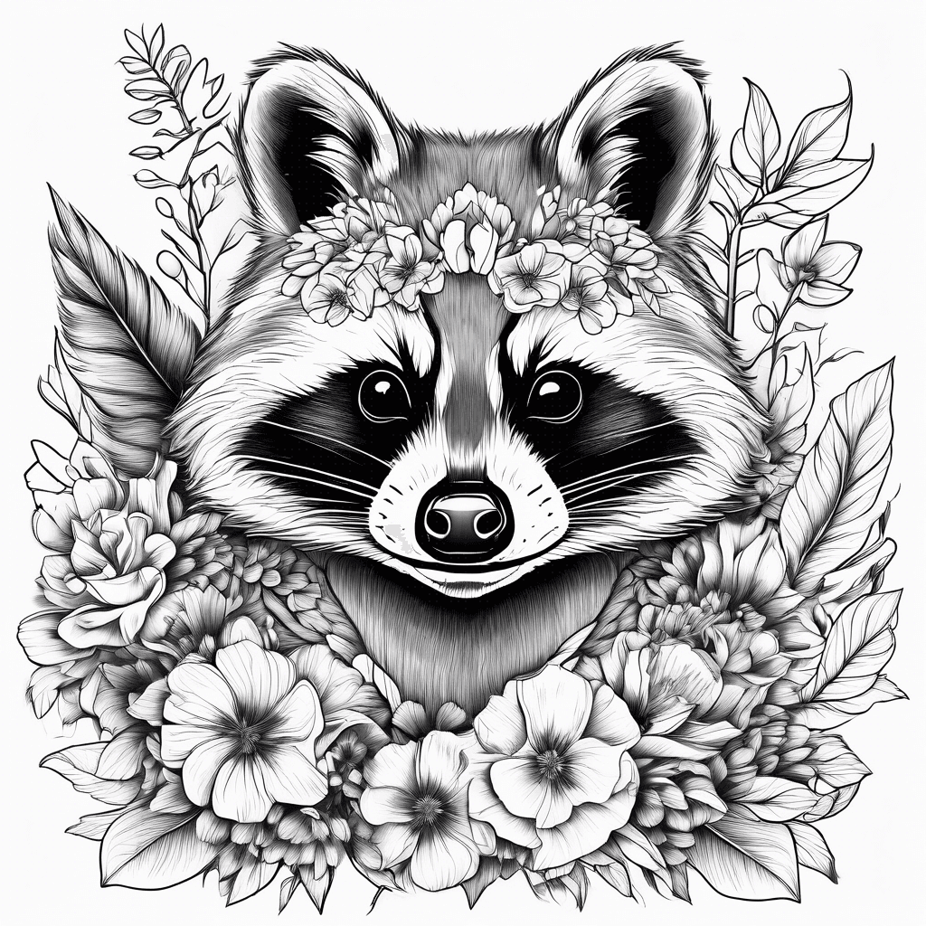 Raccoon and cardinal and flowers