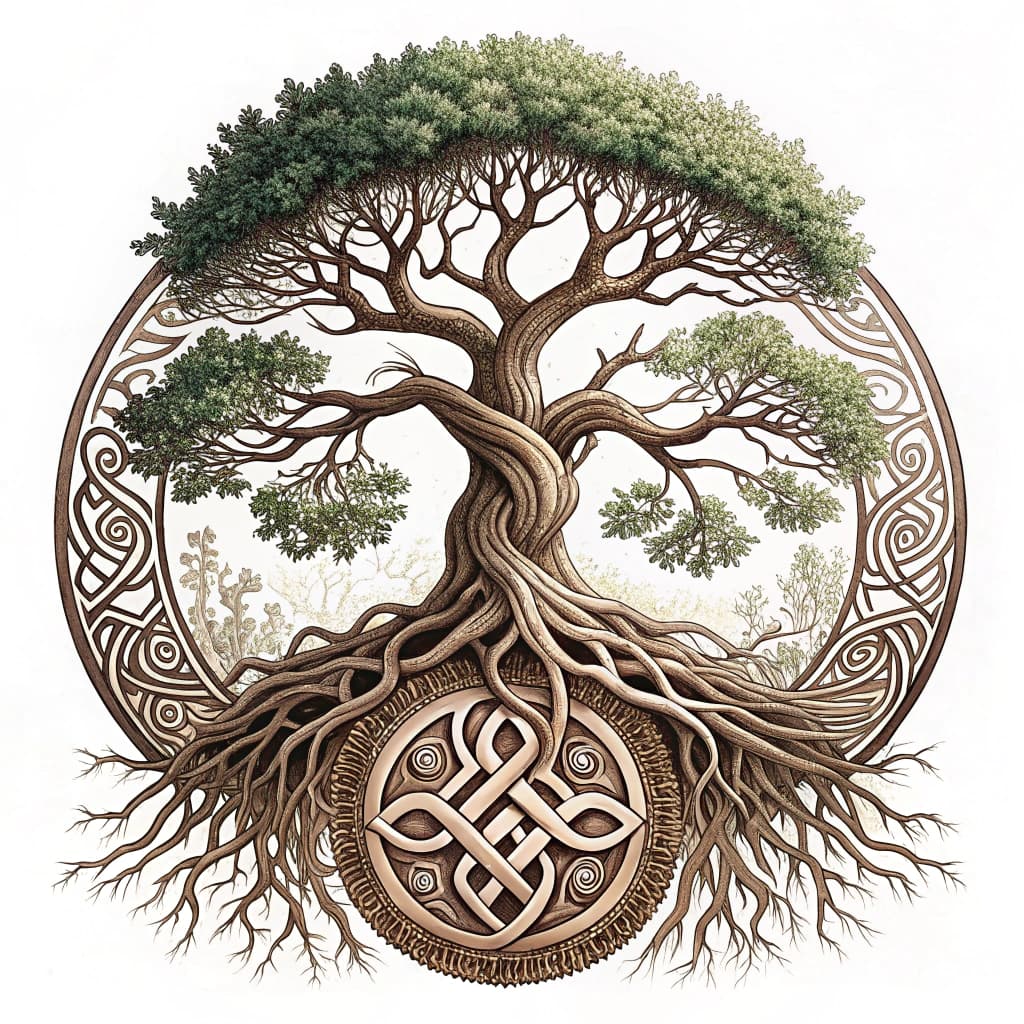 Symbolic representation of growth through a tree bonsai with roots and branches.