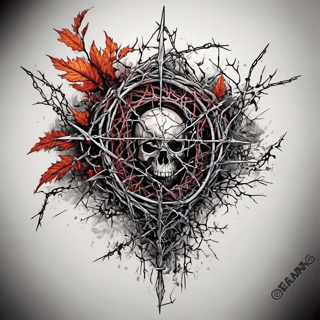 Intricate barb-wire tattoo design with sharp edges, incorporating natural elements like thorns and leaves for a bold, edgy look.