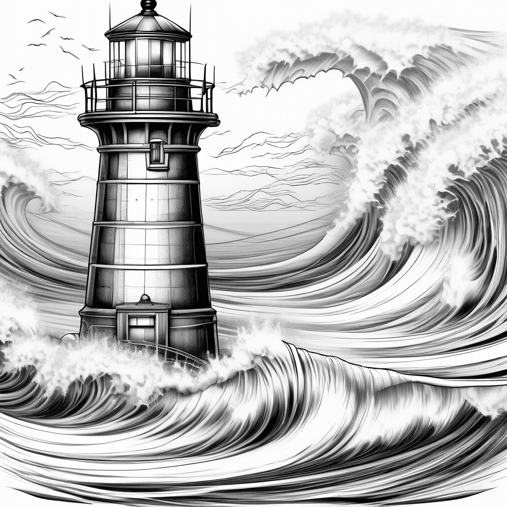 black grey lighthouse waves row boat