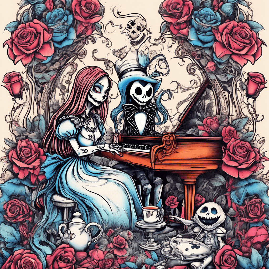 A whimsical scene blending Alice in Wonderland and Jack Skellington, with Alice sipping tea while Jack plays the piano among enchanted flowers.
