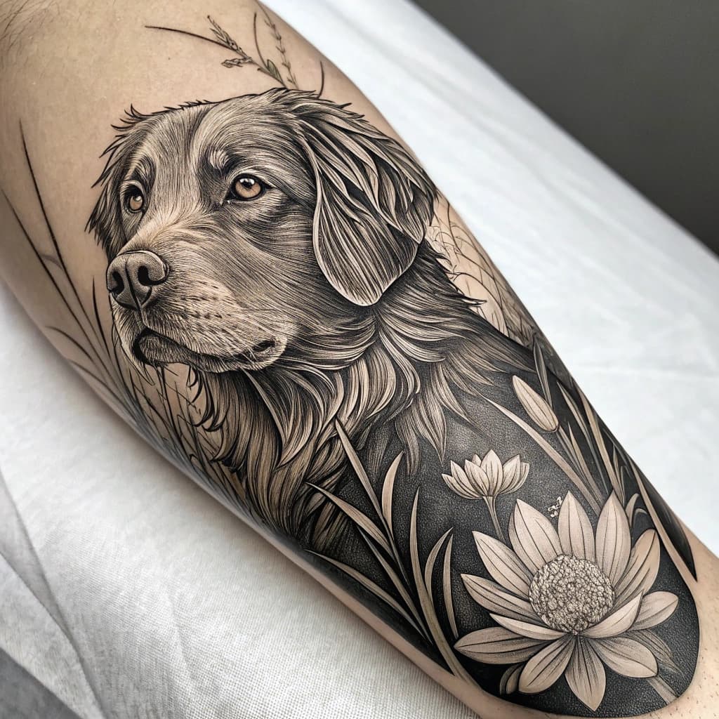 forarm tattoo, tall grasses and lotus flowers surround a surreal seated nova scotian duck tolling retreiver with golden eyes and nose