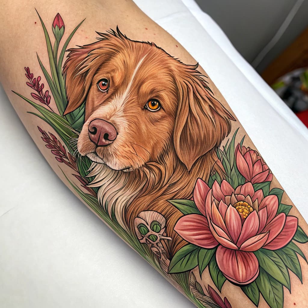 forarm tattoo of a nova scotian duck tolling retriever with golden eyes looking forward surrounded by lotus flowers and grass