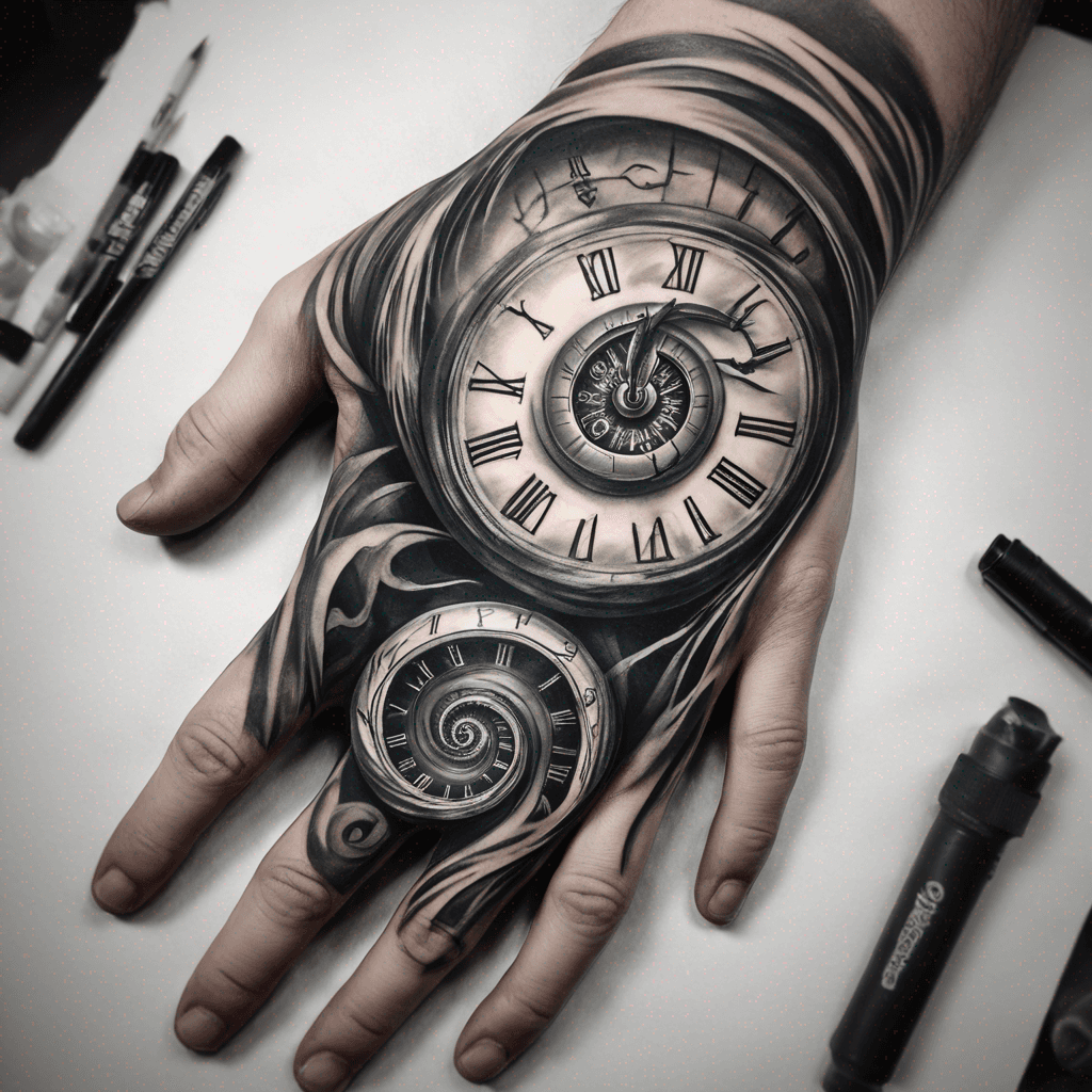 tattoo of a hands grabbing a KORU clock showing 11:11 at the clock