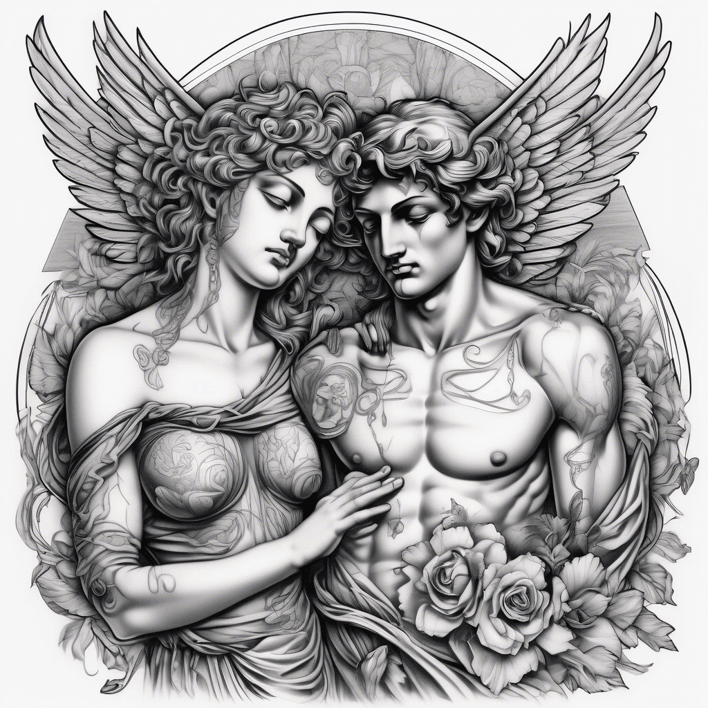 Ed hardy style art , Greek statue, Eros and psyche with both their eyes black and possibly stitched shut, full body, intertwined, with abstract background,