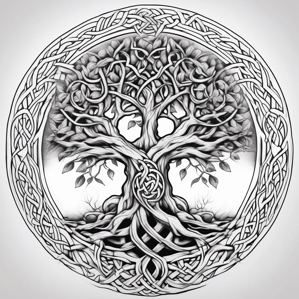 minimalistic tree of life with a celtic shield knot as roots. no border around the tree