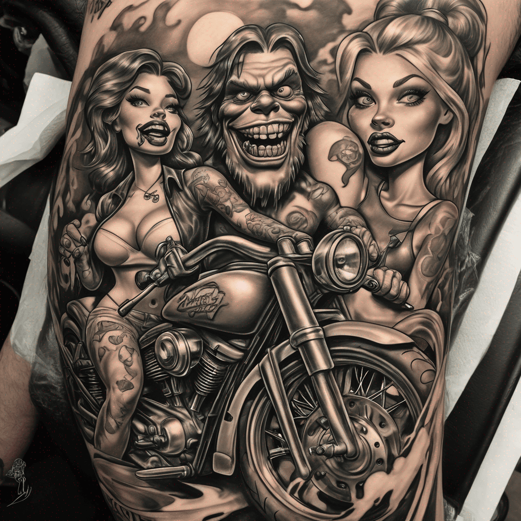 New school California kounter culture hot rod influenced Happily Stoned cartoon Monster with joint in mouth sitting on his Harley with his super gorgeous Very busty human girl on the bike behind him holding on to him