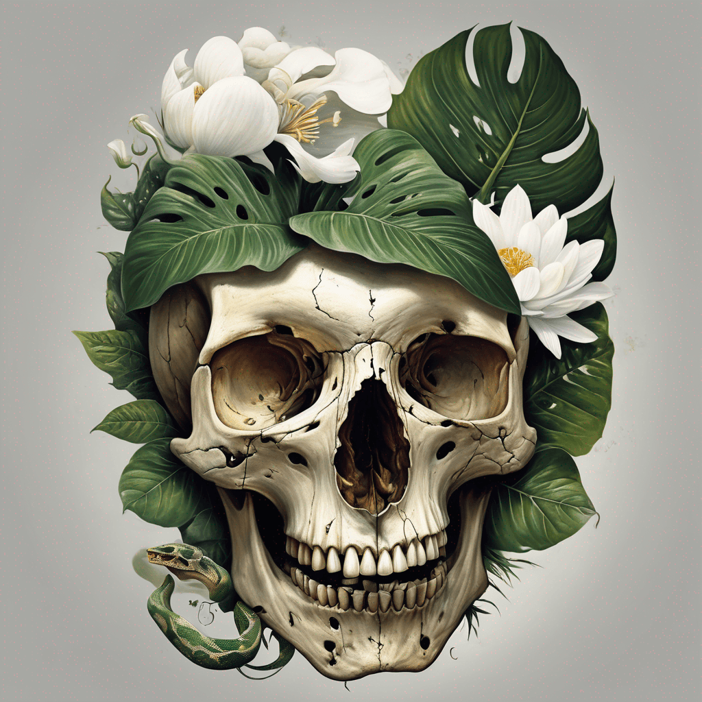 Left Sideview of a human skull and a snake covered with huge monstera leaves and white lotus flowers. Little flowers and plants growing out of the eye socket. A snake meanders upwards the skull. Mind the proportions of the leaves and the skull