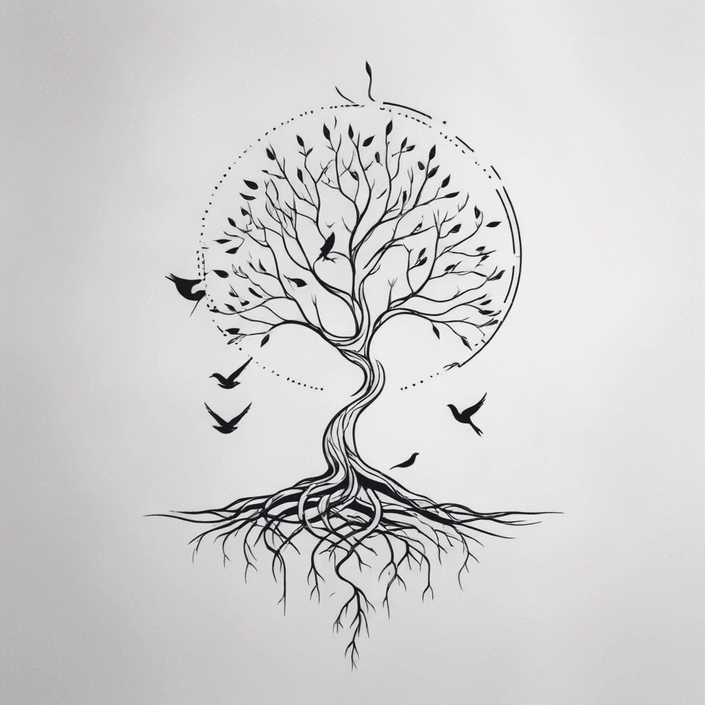 large tree with roots, small birds sitting on branches of tree