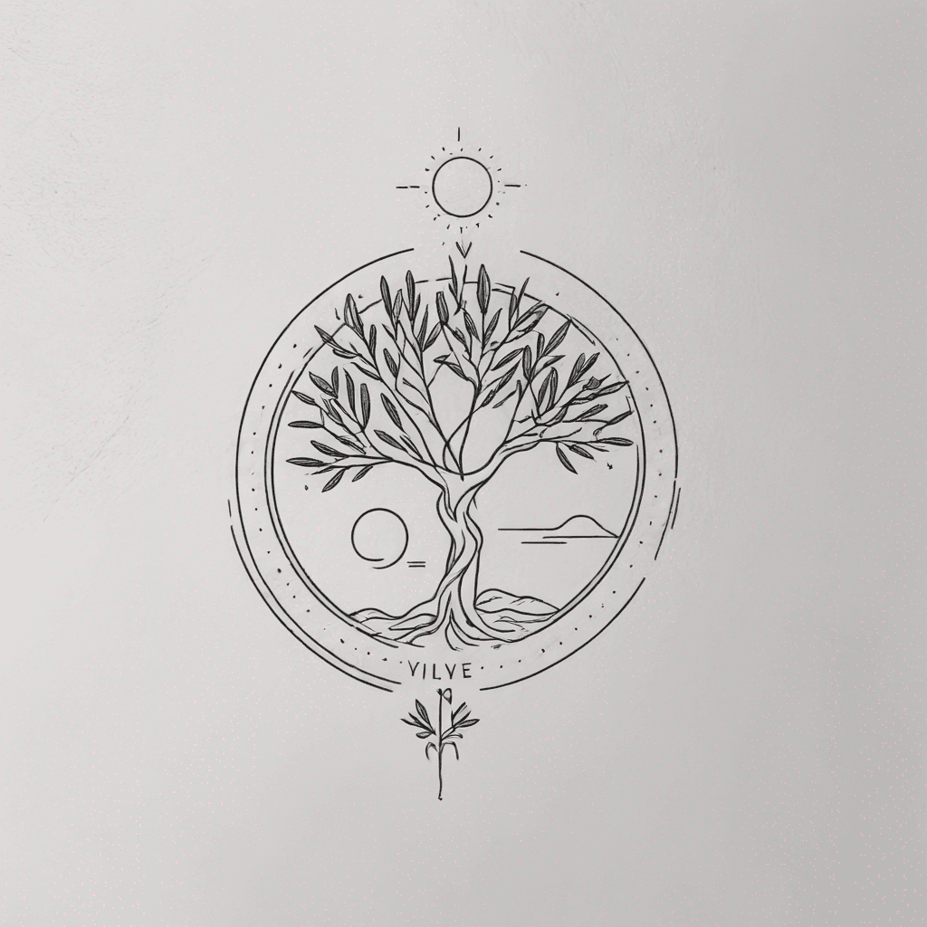 olive tree surrounded by mediterranean symbols