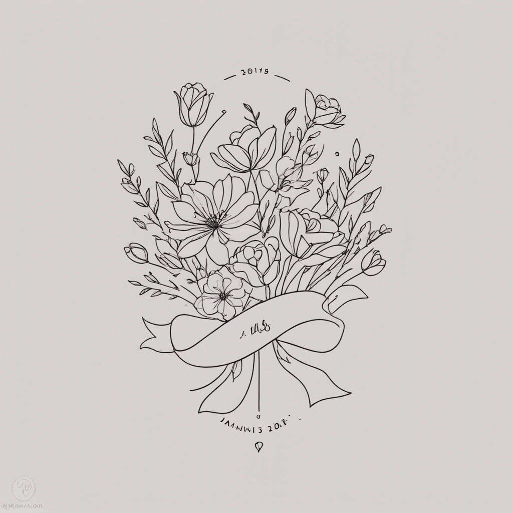 flower bouquet, ribbon, 3 kids and wedding date