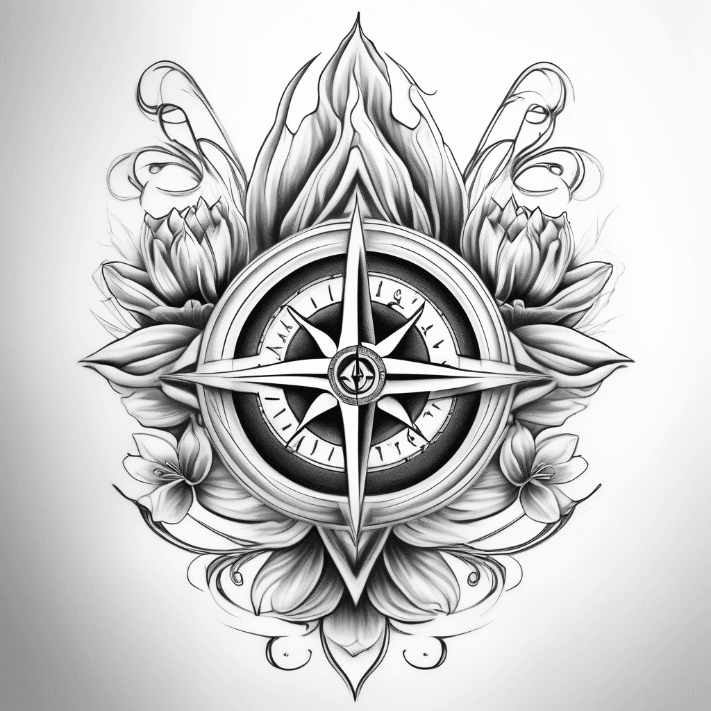 an infinite symbol with a compass rose in half and a lily in the other half