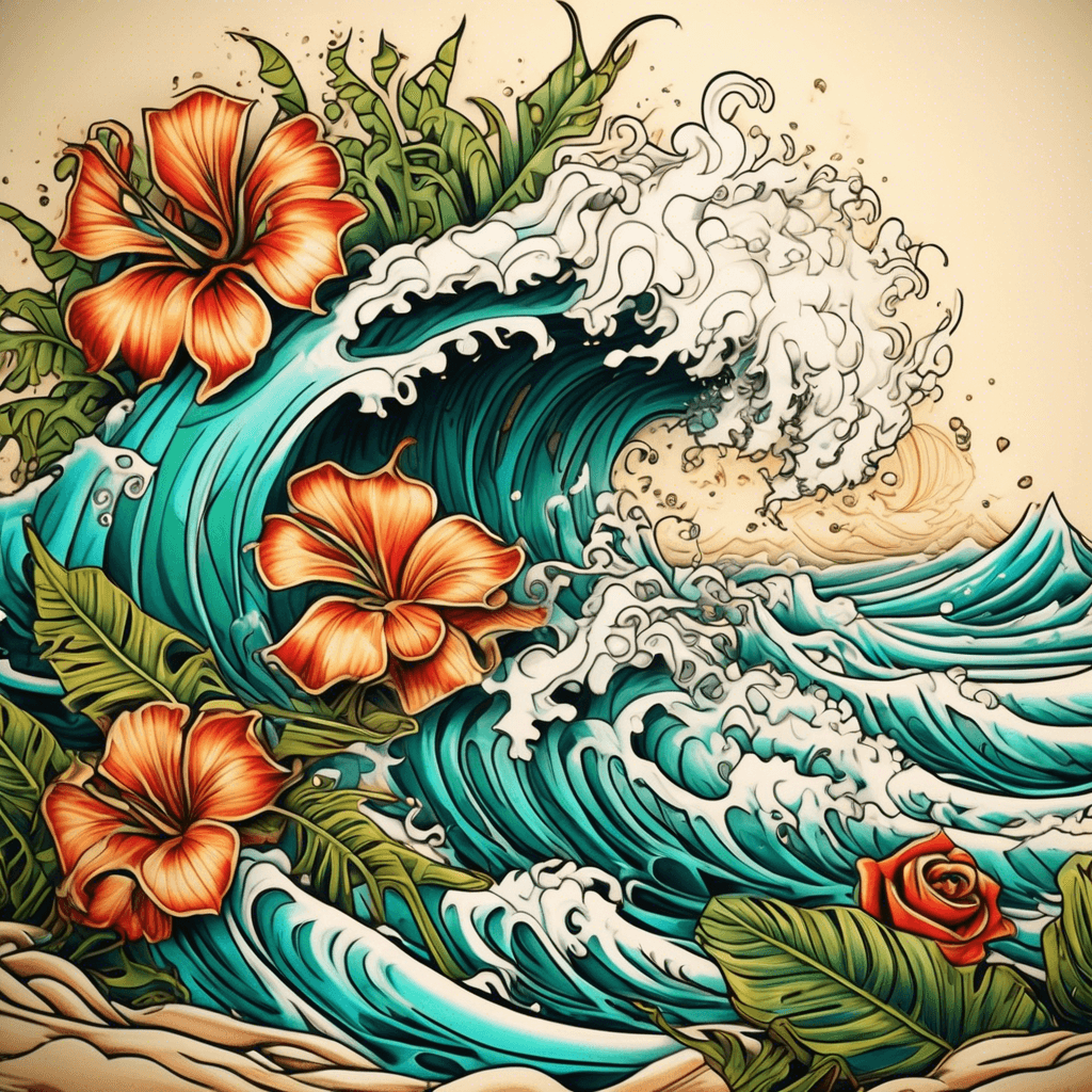 Ocean waves crashing on golden sand, intertwined with lush monstera and green plants, vibrant flowers, and intricate geometric patterns.