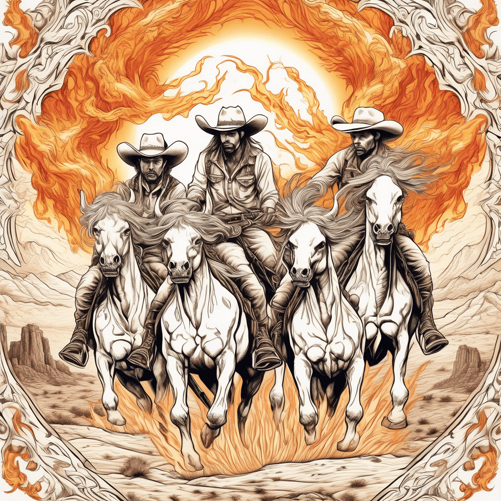 Four ghostly cowboys with flaming skulls ride fiery-hoofed horses, pursuing cattle through a blazing sky over the Nevada desert.
