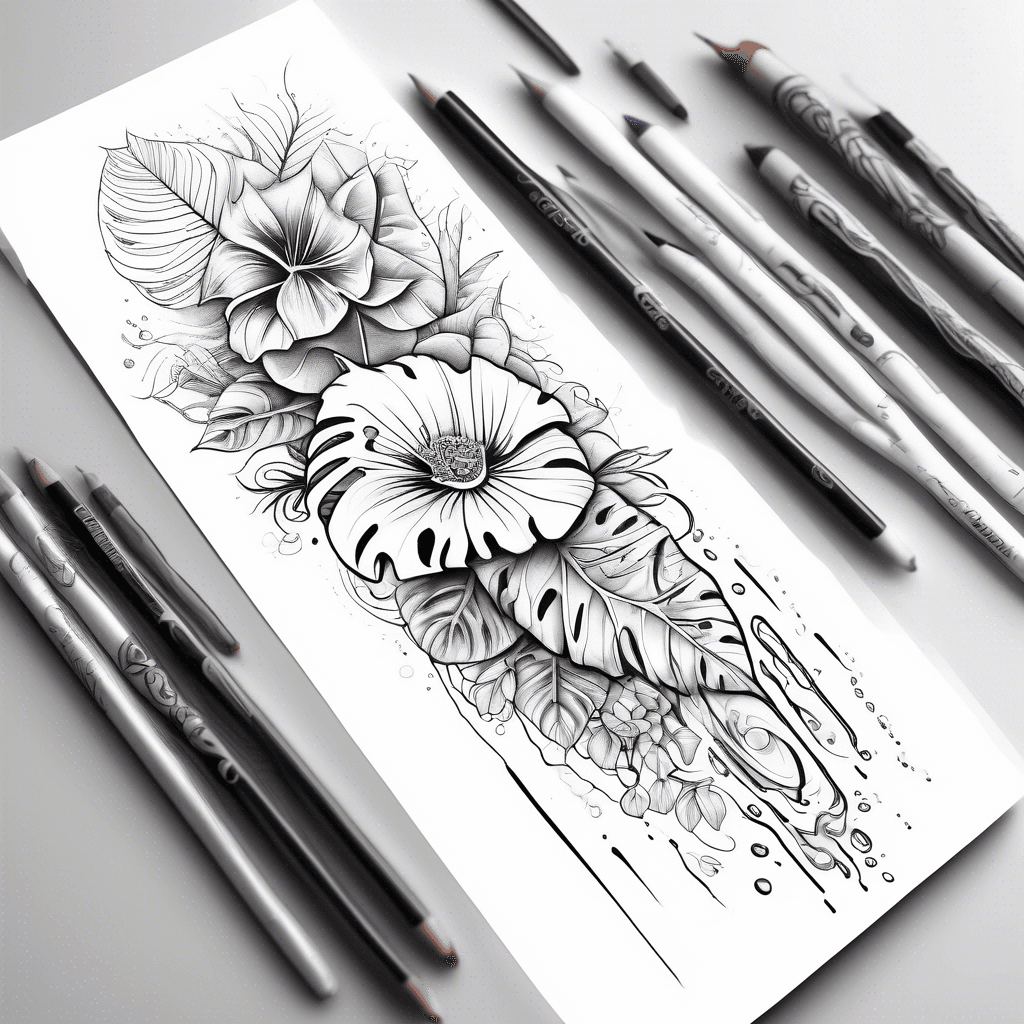 Half arm tattoo with mandala designs, monstera plants, flowers, the ocean