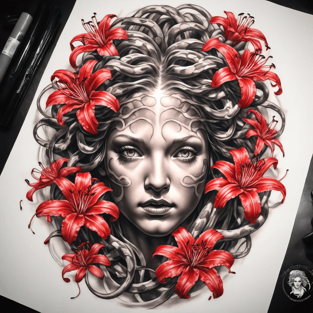 Medusa surround by red spider lilies