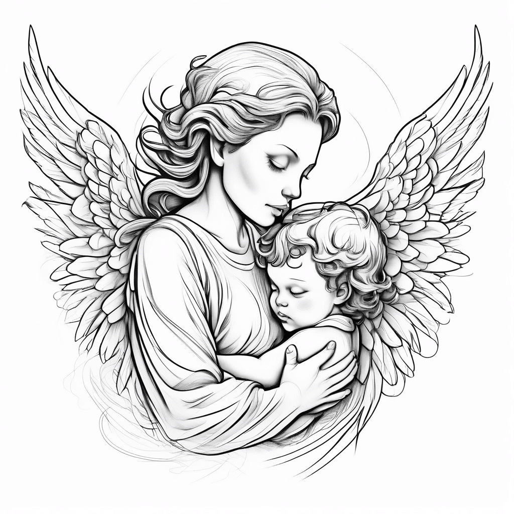 Angel wrapping her wings on a small child, caregiver, love, protect