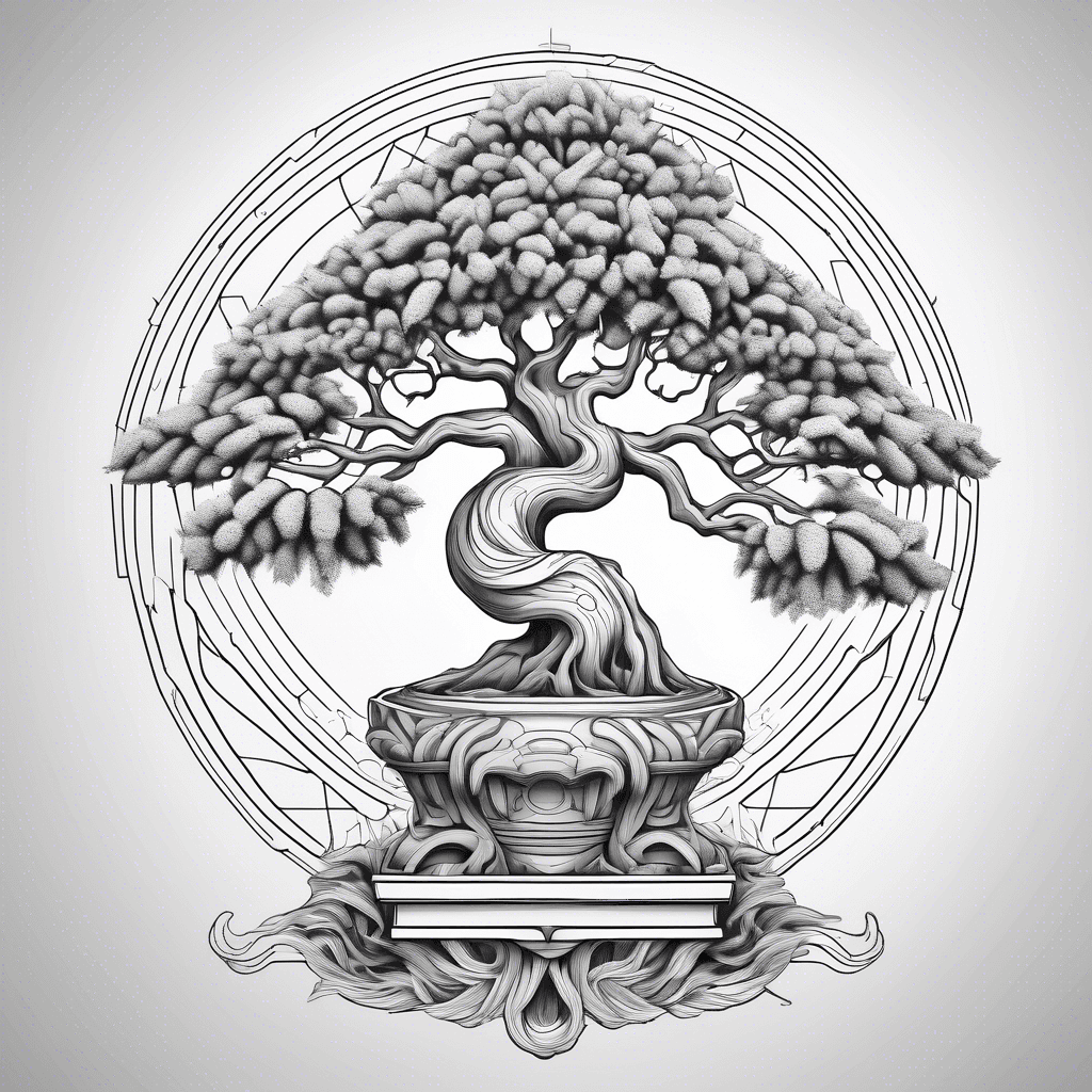 a geometric design thats incorporates greek mythology, technology, and bonsai