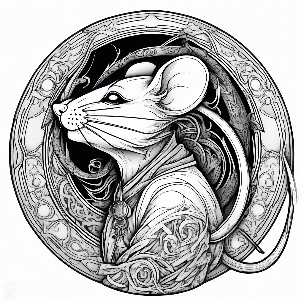 side profile of a wise female rat spirit, mythical, zodiac, ready for battle, full body shot with tail forming circular frame