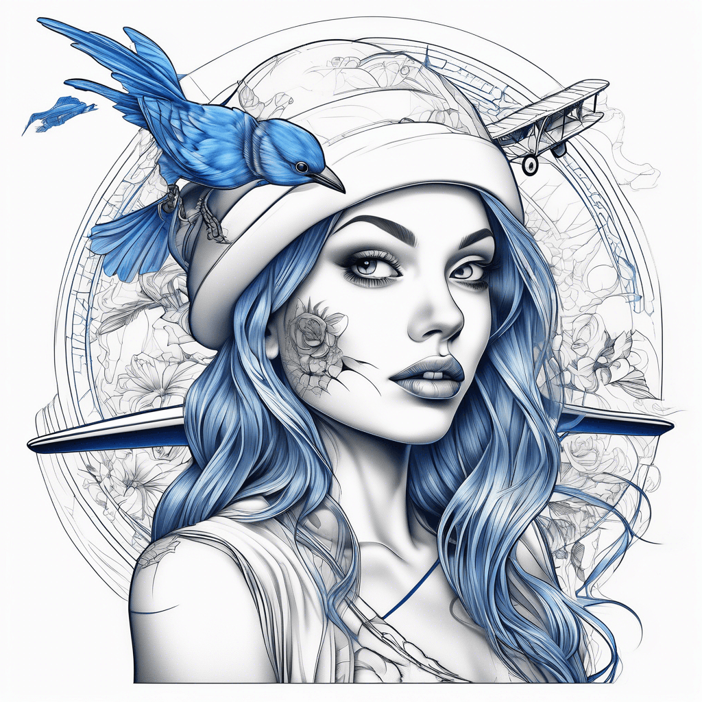 A bi-plane, a woman and a blue bird