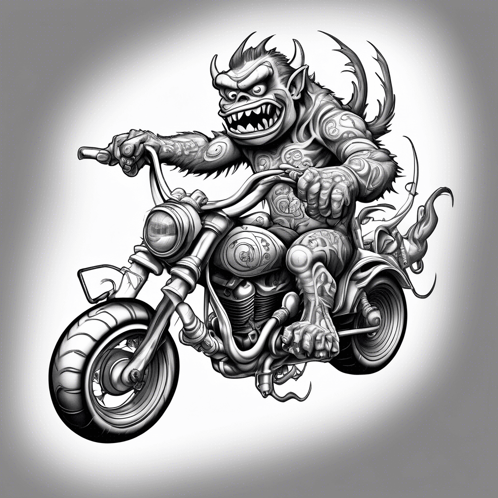 New school Front-facing cartoon monster on a motorcycle one hand on ape hanger bars