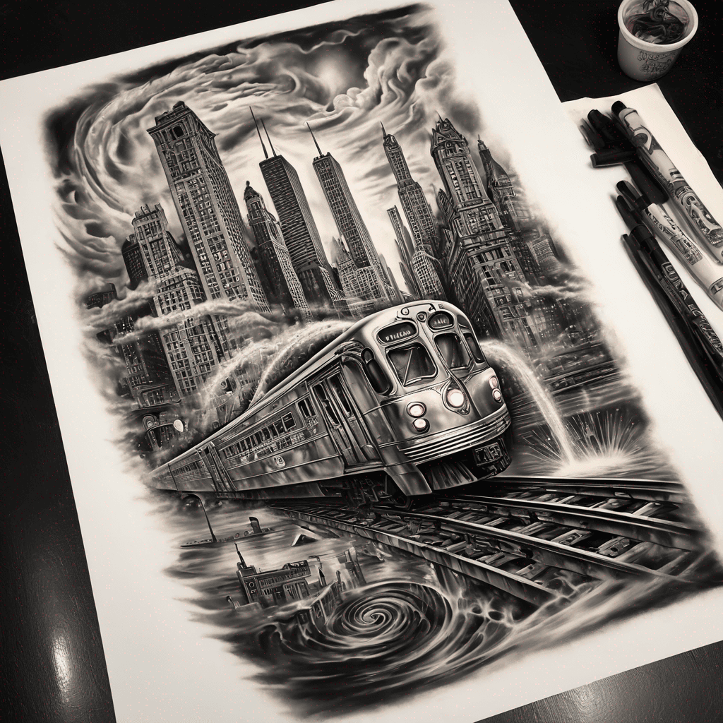 AIで生成したThe El train in Chicago with street signs and iconic chicago…のタトゥーデザイン