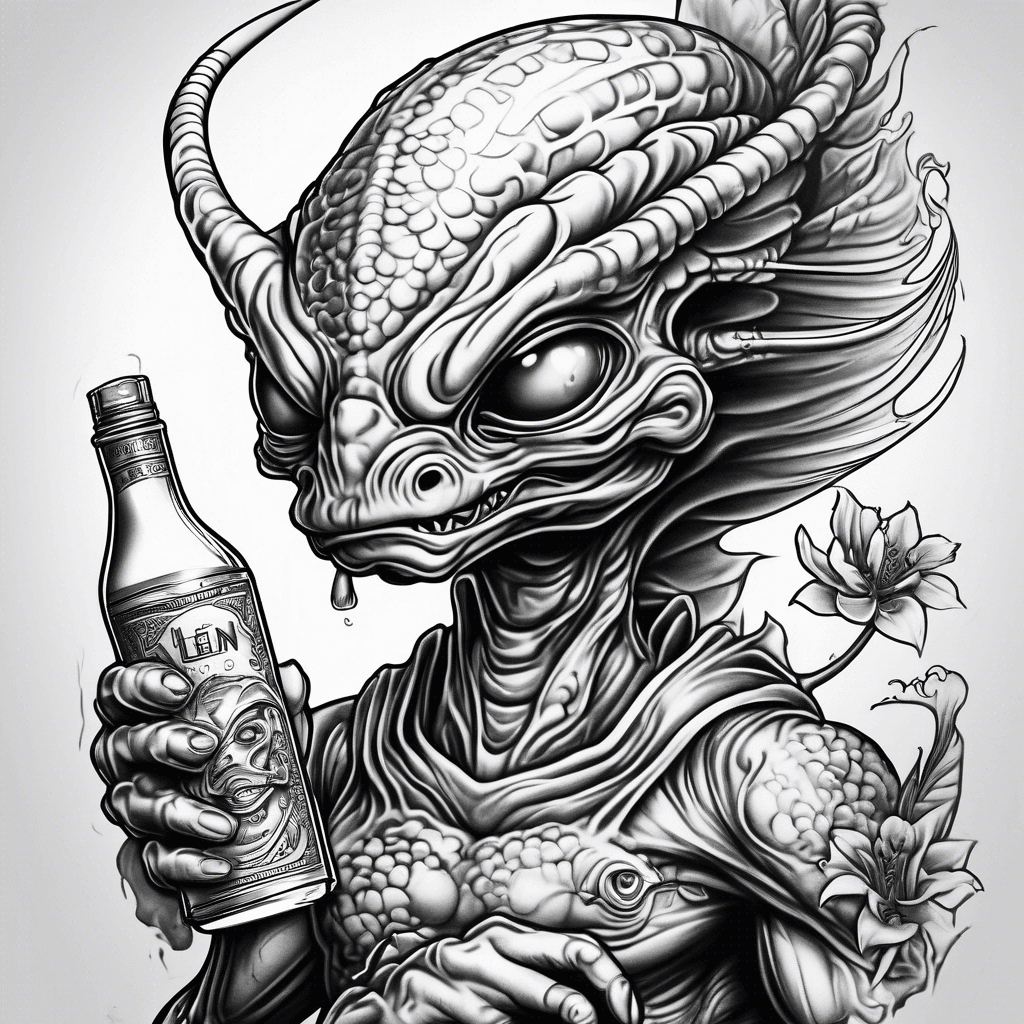 Alien with cigar and bottle of tequila cartoon