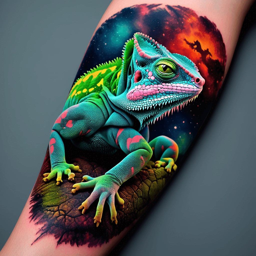 A lizard with representations from a trip to Madrid, la Palma and Tenerife inside