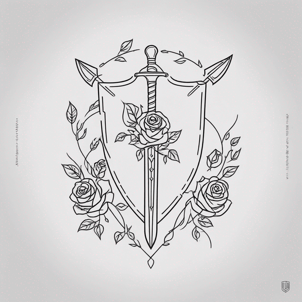Roman gladiator shield and battle sword and roses and vines