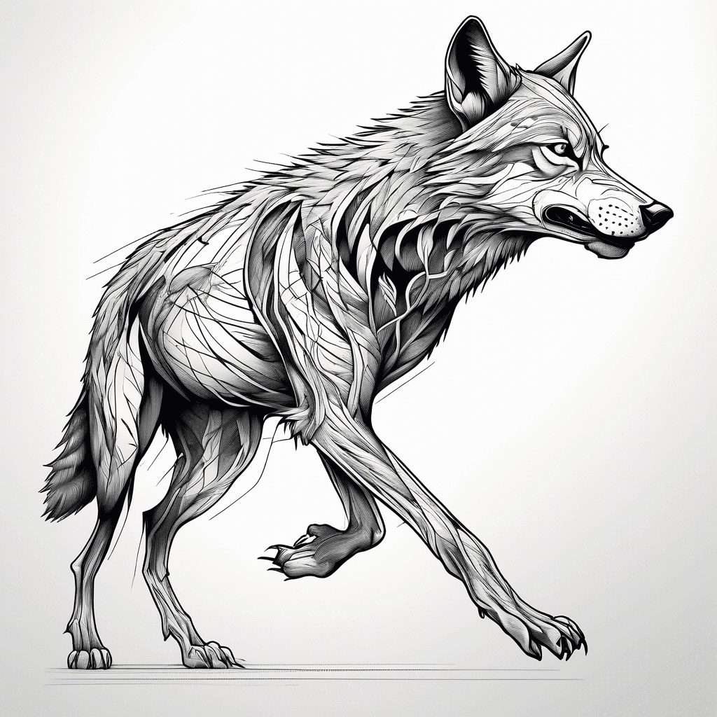 A Wolf Running in side Profile, many Lines as shadowing, keep it realistic And simple