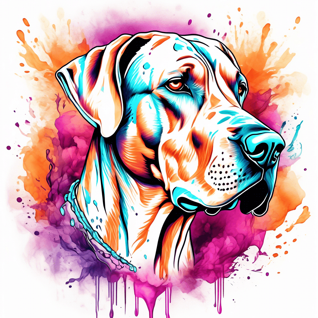 great dane in color scheme of fiery amber, ocean turquoise and magenta in fading colors