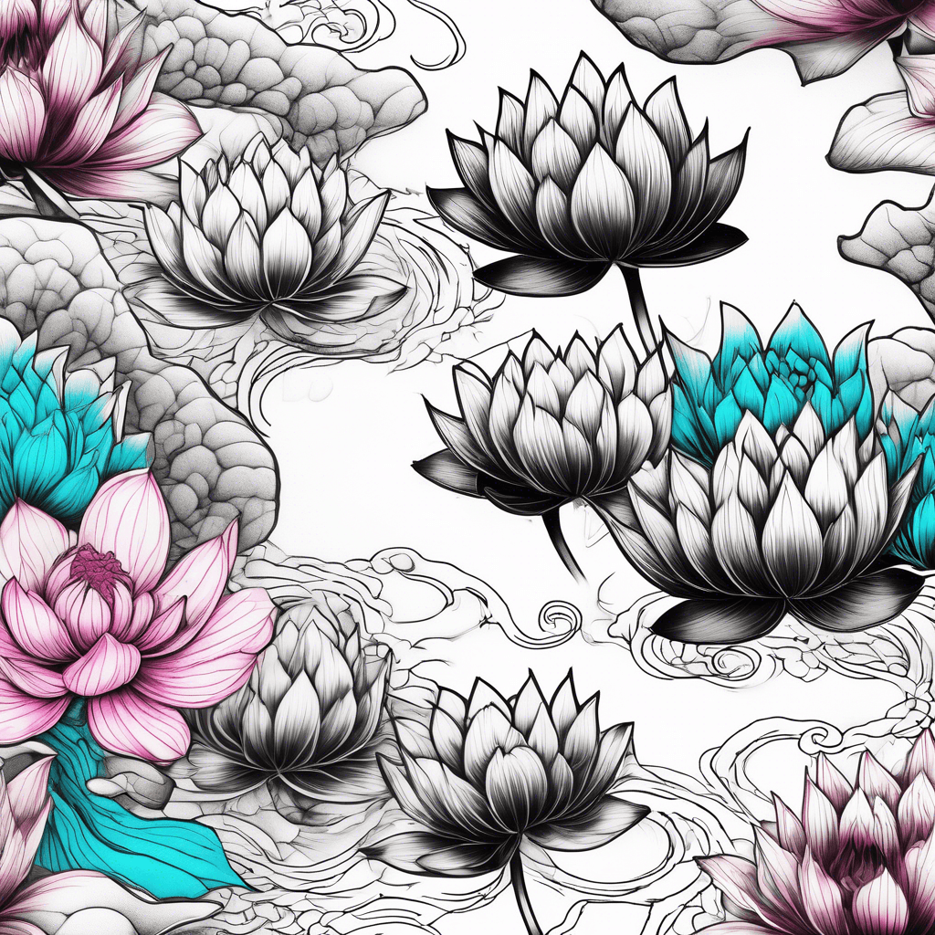 several black lotus flowers from distance with amber, turquoise and magenta color scheme