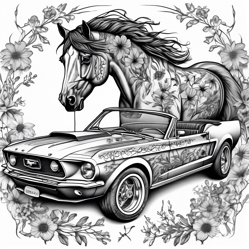 A classic Mustang silhouette intertwined with wildflowers, symbolizing freedom and adventure, framed by tire tracks winding around the design.