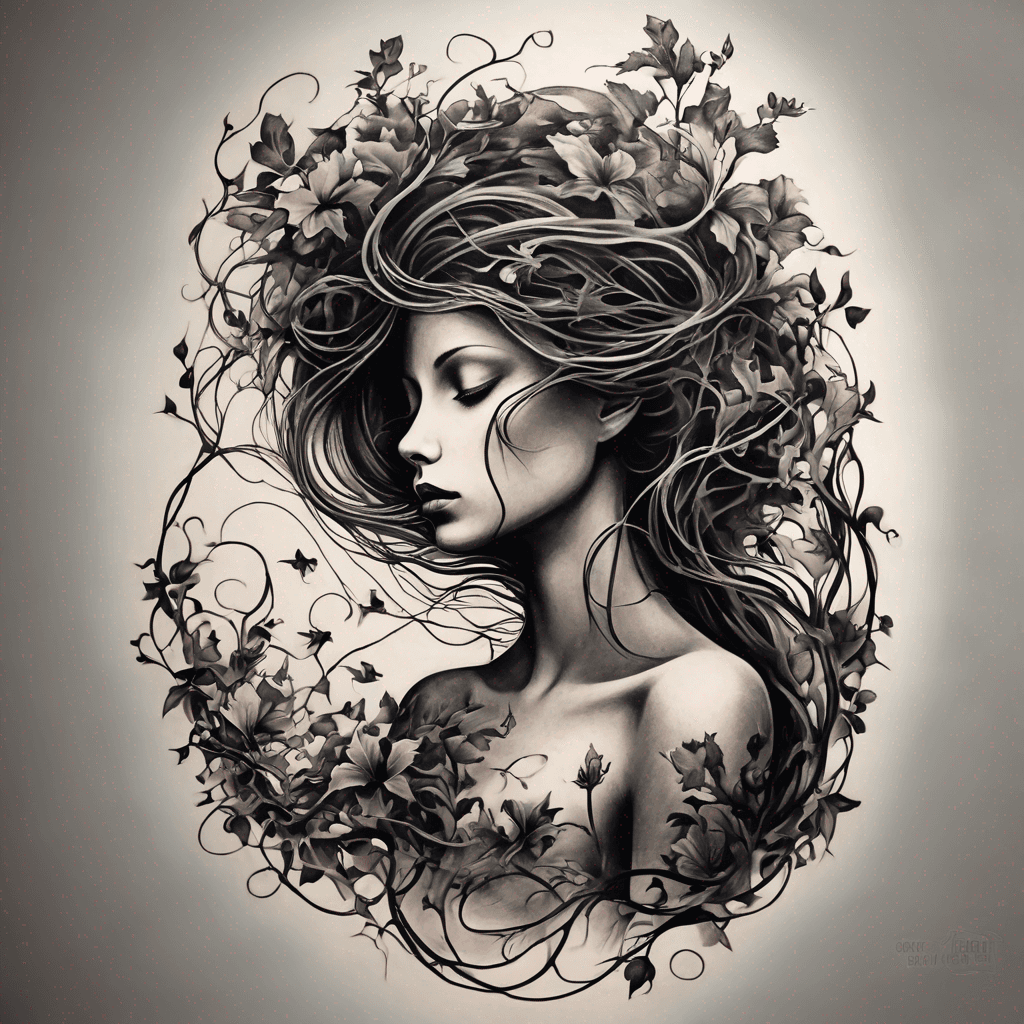 A silhouette of a graceful, naked woman entwined in delicate vines and blooming flowers, symbolizing freedom and nature's embrace.