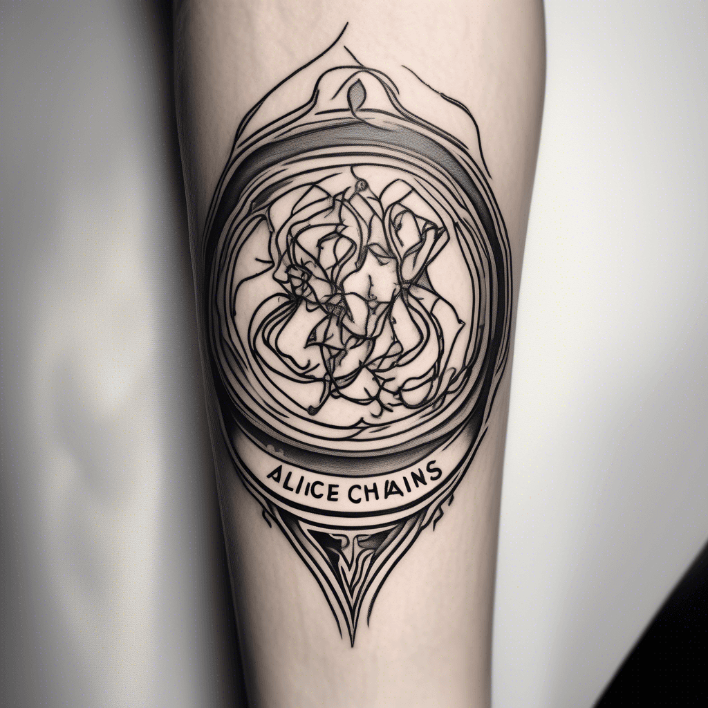 Alice chains logo in center sewing up scars on forearm