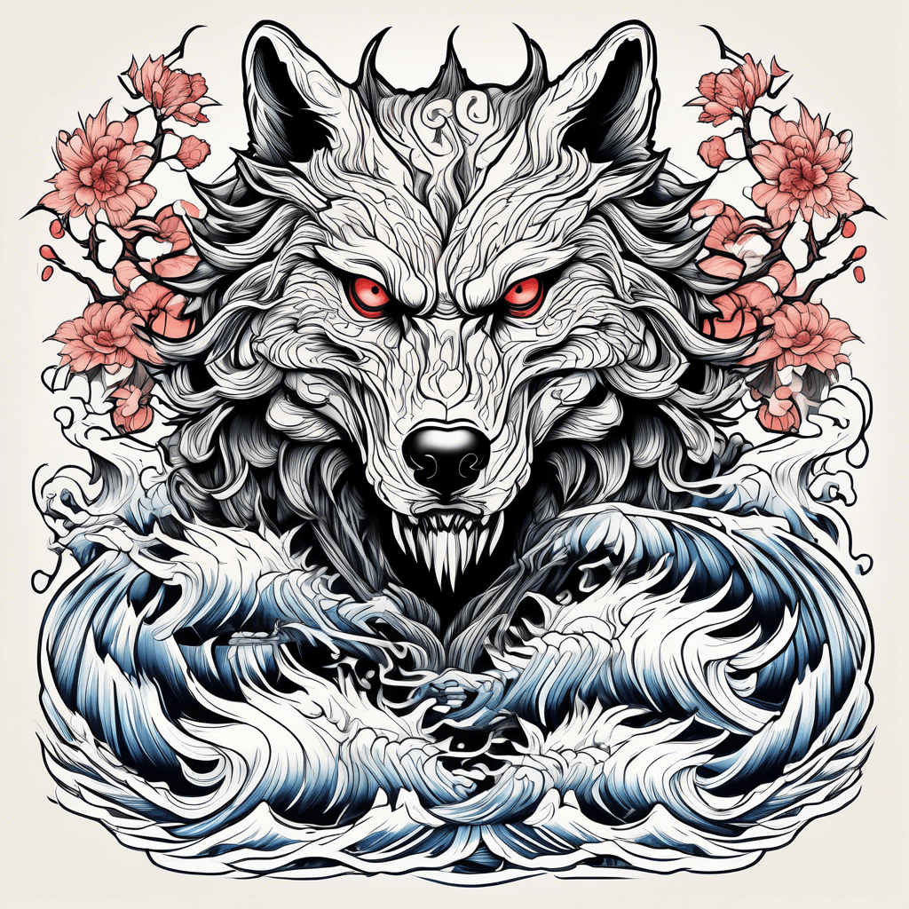 demon wolf guided by raven surrounded by lake waves and concept of yin ang