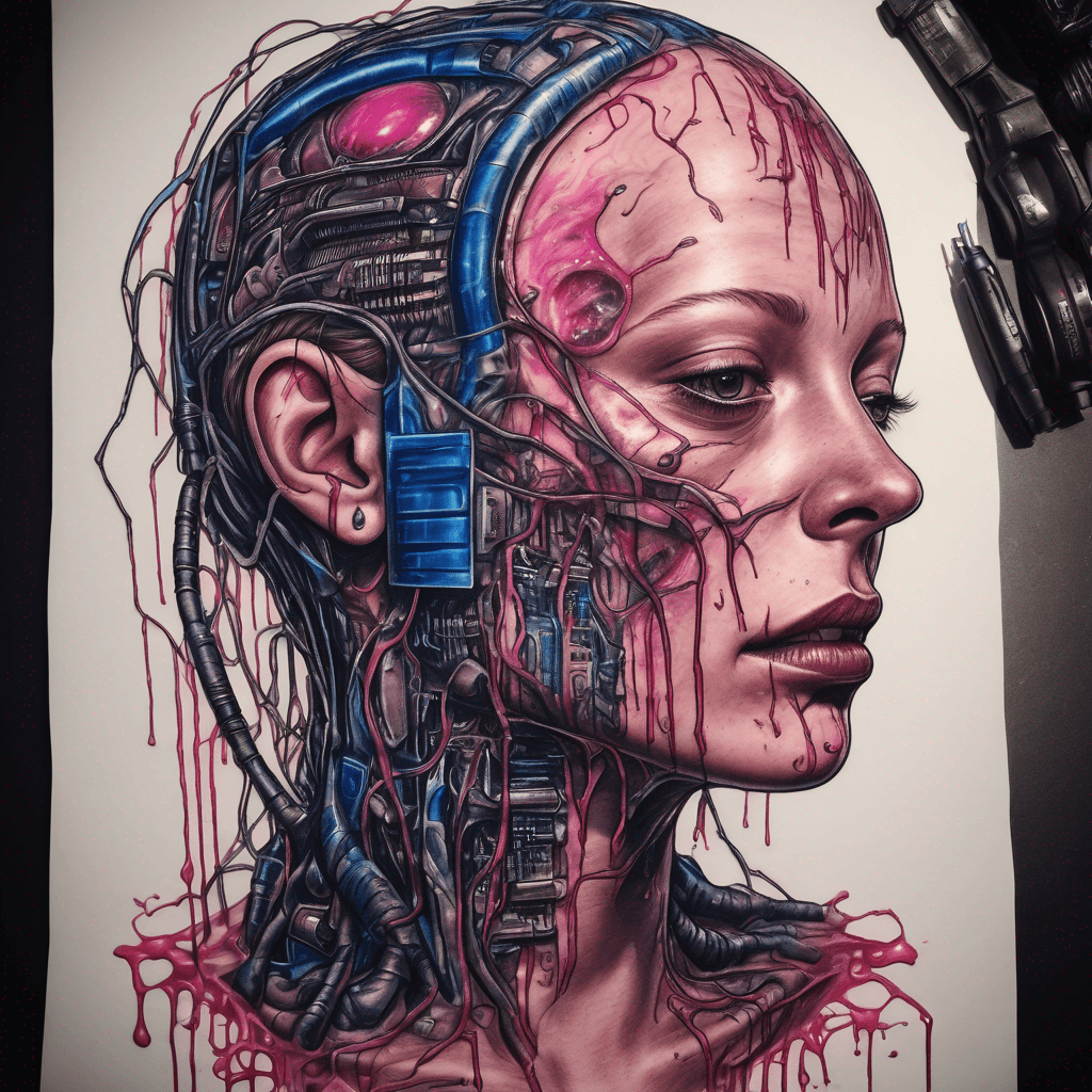 Sci-fi gore. A computer mother board. It's made from biomechanical tech. organs with rippley wet flesh. The wires and traces look like veins. There's florescent pink and blue blood leaking and oozing out