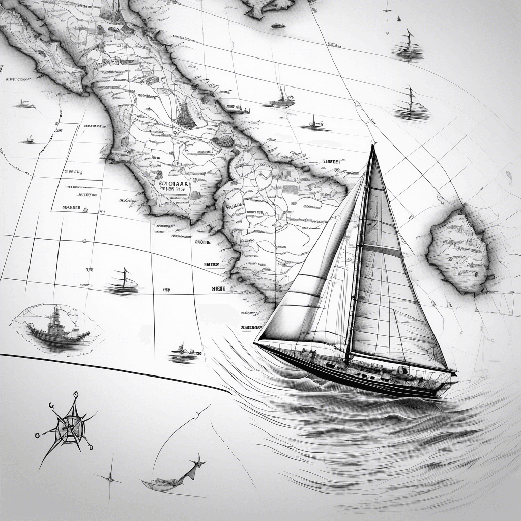israeli map with sailing yacht near coast and scuba diver down south