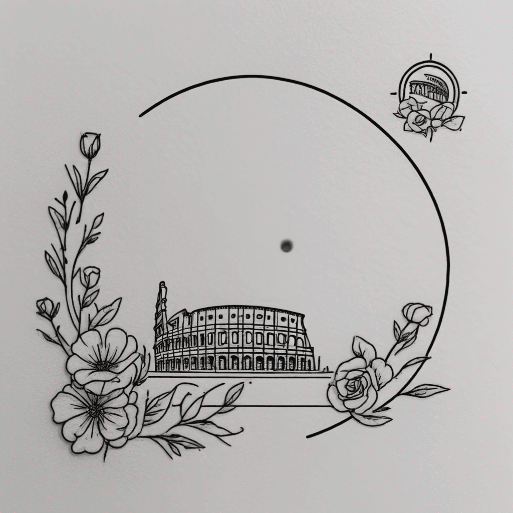 A postal stamp inside the stamp a picture Symbolizing Rome, and the Colosseum, with flowers