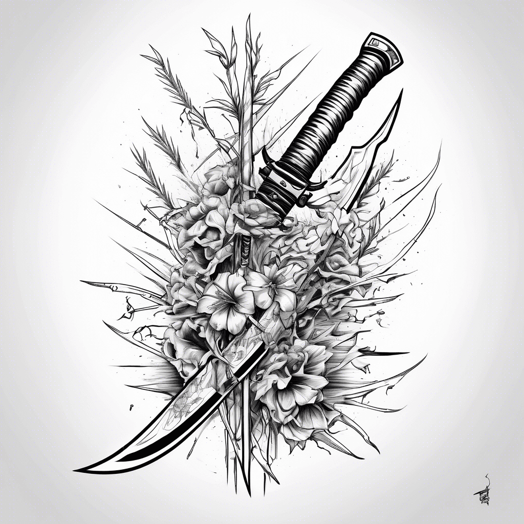 Katana stuck in grass with thorn roots in trash polka tattoo