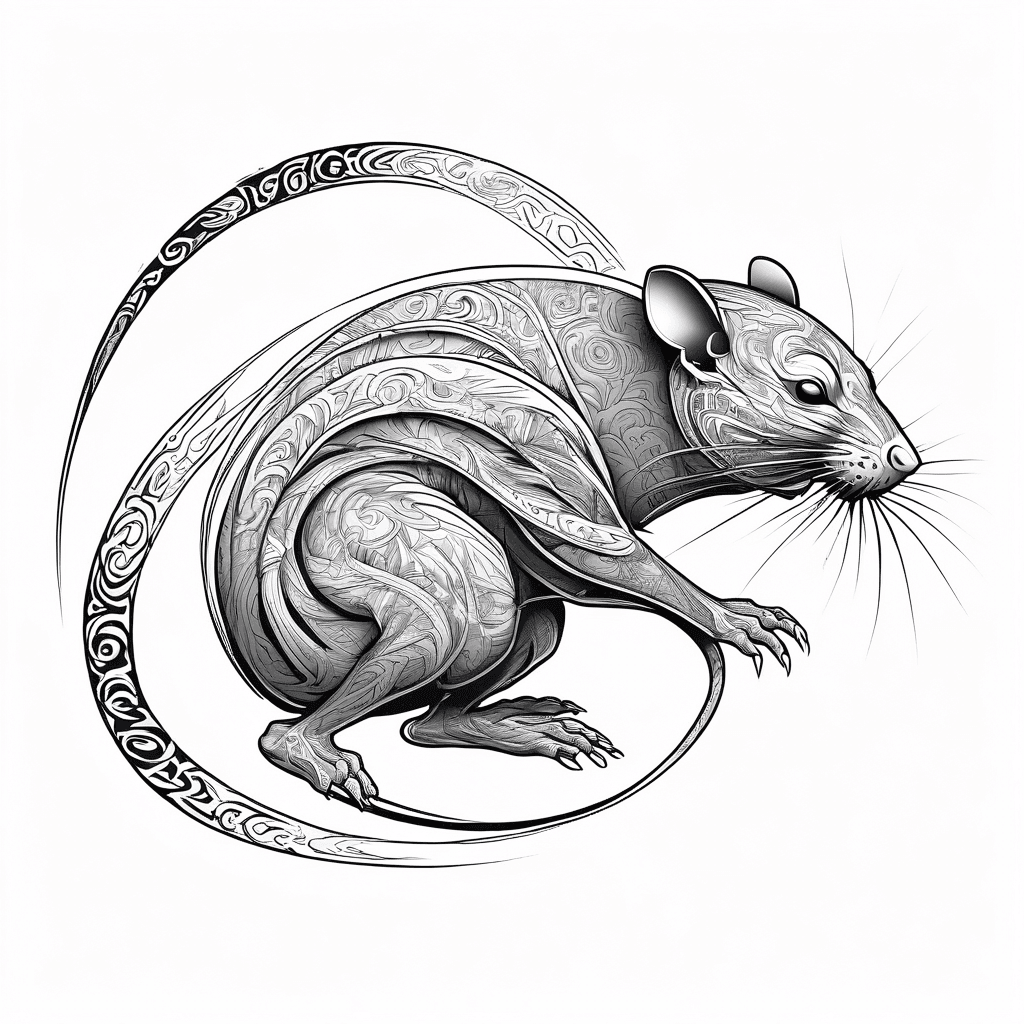 Full body side view of a strong ethereal ninja rat, its body blending into waves
