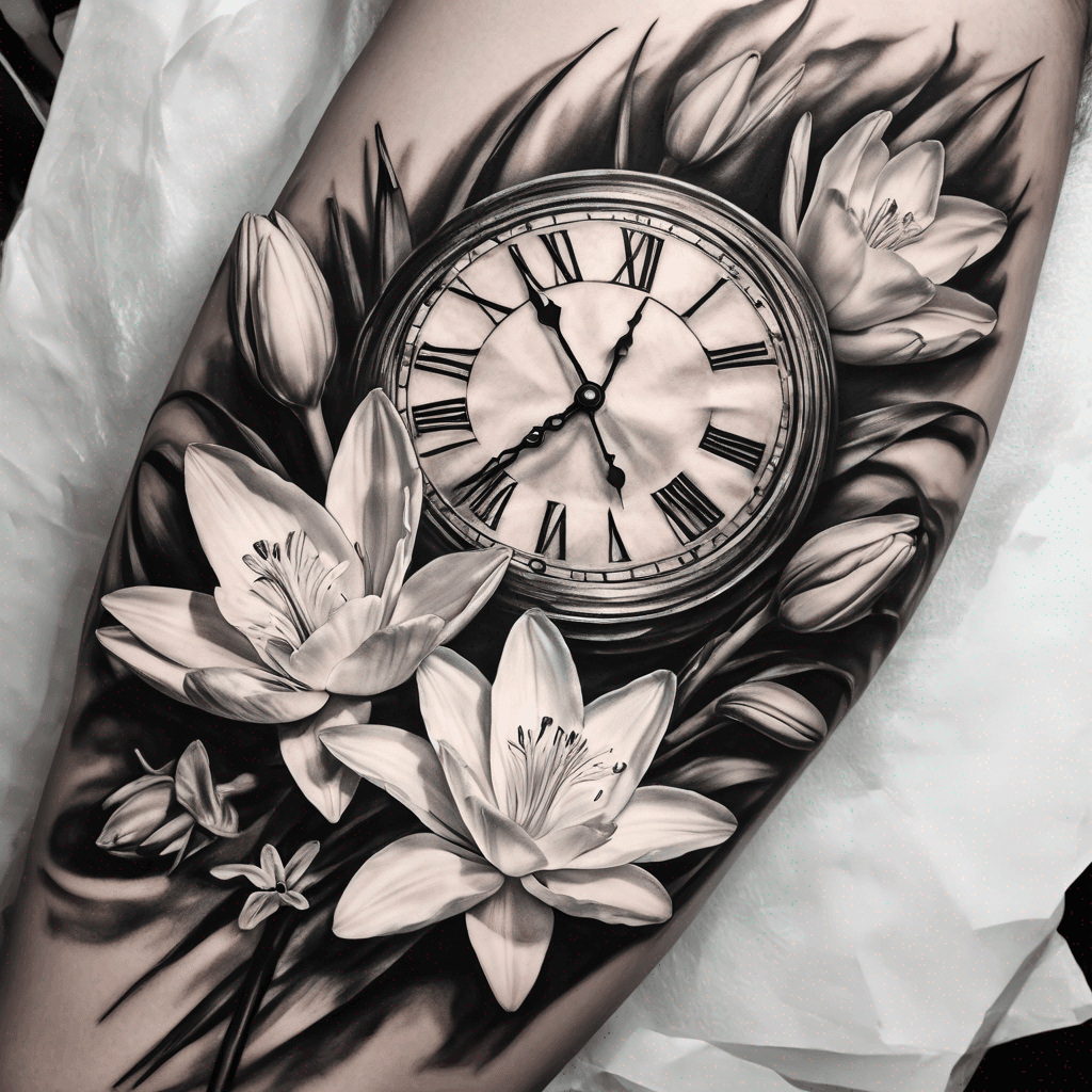 Bouquet water lily gladiolus daffodils morning glory lily of the valley and large clock