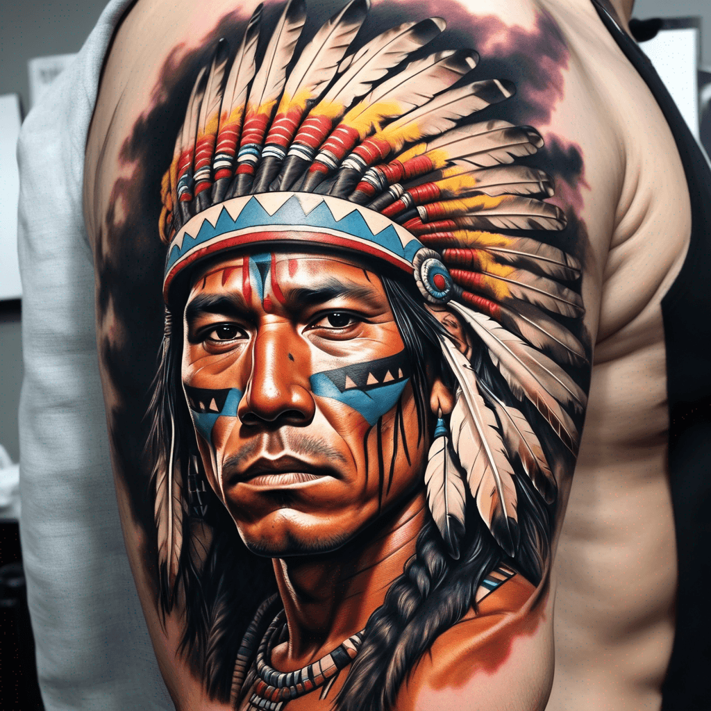 create a photo realistic image of an american indian male warrior, in a large, colorful head dress