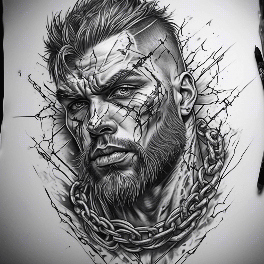 You can add blood and scratches to make it look divine and cut it to death and maybe add some symbol I want to show that he fought to the end even though he was scratched even with chains he is still trying to break them and the nights to the end I want to do either on the forearm or on the upper end of the back Medium size I want a realistic style and create an original sketch for me