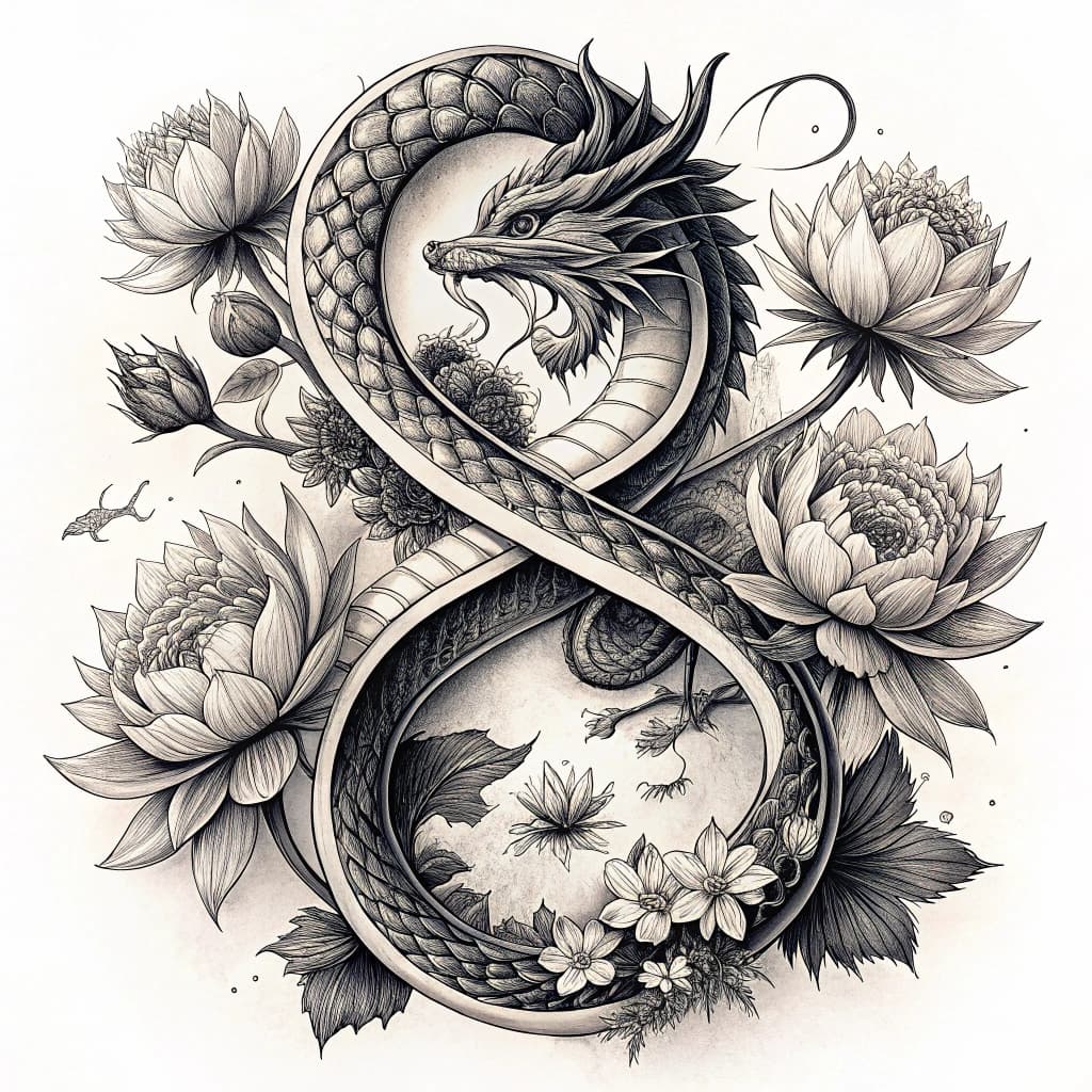 infinity symbol can represent eternal love, delicate flower lotus intertwined through it, signifying bravery and beauty that last