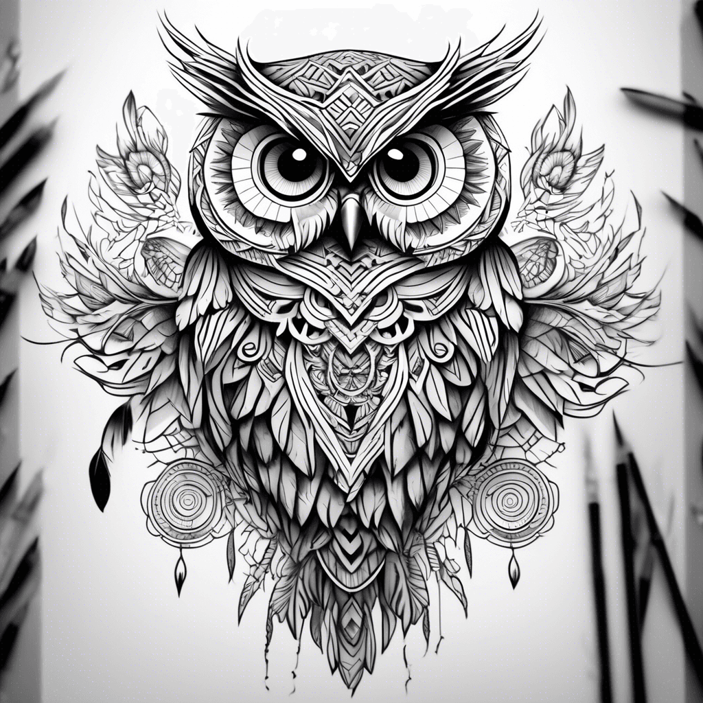 "Boho style owl tattoo illustration, black and grey tribal design, intricate line work with geometric and mandala patterns, symmetrical composition, detailed feathers with tribal motifs, elegant and mystical vibe, suitable for tattoo art, high contrast shading, no color, minimalist yet ornate"
